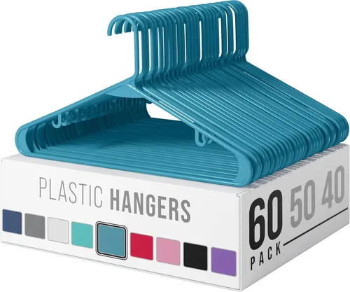 Miniatura 12 de Perchas de plástico para ropa, paquete de 20 unidades, ganchos de plástico color aguamarina, son perfectas para colgar abrigos y ahorrar espacio