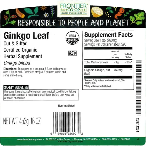 Miniatura 2 de Frontier Co-op Hoja de ginkgo orgánica, bolsa a granel de 1 libra, cortada y tamizada Hoja de Ginkgo Biloba seca Ideal para uso de té y hierbas