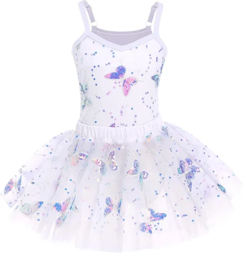 AFAVOM Camisola de lentejuelas de mariposa para niñas, vestido de ballet con volantes, falda tutú con purpurina, leotardo, disfraz de bailarina para