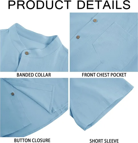 Miniatura 5 de Makkrom Camisa guayabera de lino para hombre, con botones, manga corta, casual, cubana, mexicana, cuello de banda, tops de verano para la playa
