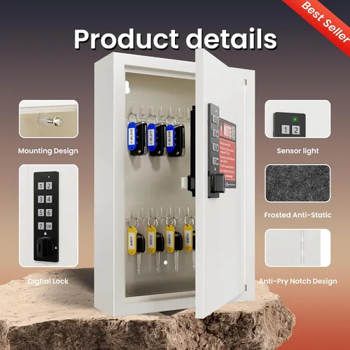 Miniatura 7 de Grimtron - Caja de seguridad de 40 llaves con código, caja electrónica de montaje en pared, modo privado/público, beige, regalo del día del padre