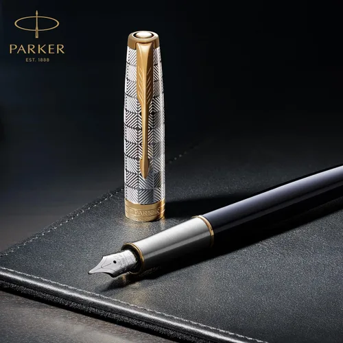 Miniatura 6 de PARKER Sonnet - Bolígrafo de metal de alta calidad y acabado negro brillante con borde dorado, punta media con recarga de tinta negra, caja de regalo