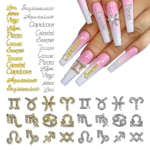Juego de 48 piezas de dijes de aleación de oro y plata del zodiaco, signos del zodiaco, constelación, palabras para uñas, conjunto de doce 48 dijes
