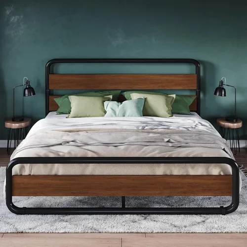 Miniatura 10 de Allewie Base de cama de metal tamaño Queen con cabecero y estribo de madera curvos, plataforma de hierro resistente con almacenamiento debajo