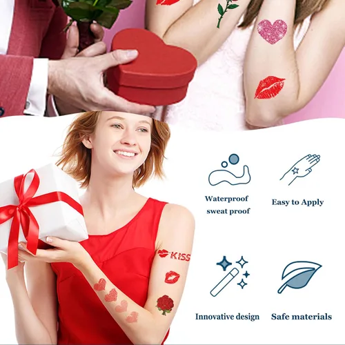 Miniatura 6 de Calcomanías de tatuaje para el día de San Valentín, diseño de corazón, beso, labio, tatuajes temporales, decoración del día de San Valentín