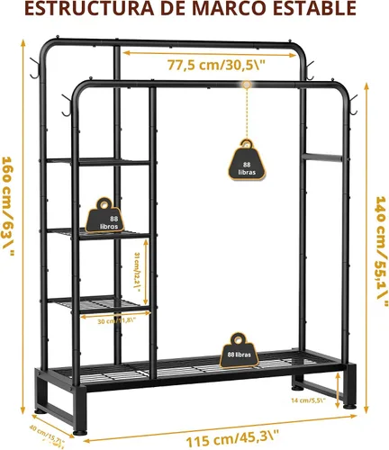 Miniatura 3 de Perchero de doble barra con estantes de almacenamiento de 4 niveles, perchero para colgar ropa, organizador multifuncional de ropa resistente