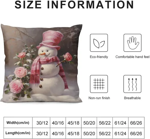 Miniatura 3 de Funda de cojín de muñeco de nieve con rosas rosadas, bufanda y sombrero, funda de almohada para cama, decoración moderna para sofá, dormitorio, sala