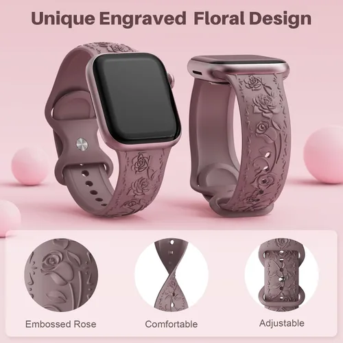 Miniatura 2 de Correa de silicona suave con grabado floral compatible con Apple Watch Band de 1.575 in, 1.614 in, 1.496 in, 1.654 in, 1.732 in, 1.772 in y 1.929 in