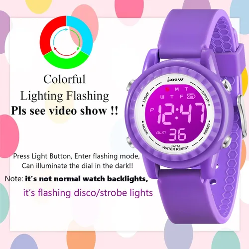 Miniatura 5 de Venhoo Reloj de silicona colorido intermitente con luz LED para deportes al aire libre, reloj de pulsera eléctrico con alarma cronómetro para niños