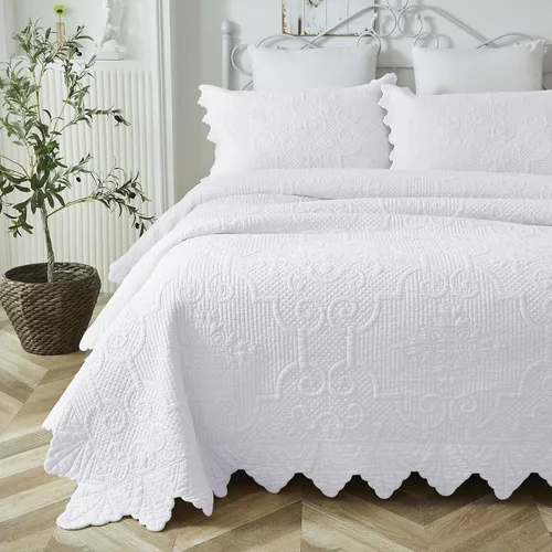 Miniatura 12 de Brandream - Juego de edredón tamaño Queen de algodón, edredones de estilo granja, ropa de cama Matelasse, colcha con borde festoneado, 3 piezas