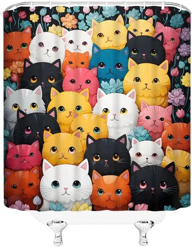 Miniatura 4 de Divertida cortina de ducha con diseño de gato y dibujos animados, diseño floral, encantador, animal, amante de las mascotas, decoración de baño