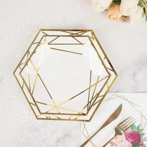 Miniatura 2 de Efavormart - Paquete de 25 platos hexagonales de papel blanco y dorado de 7 pulgadas, platos geométricos rígidos para postres y aperitivos