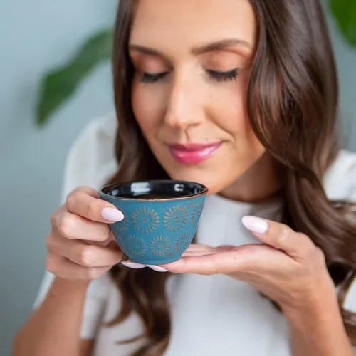 Miniatura 6 de Juego de té japonés de 7 piezas, tetera de hierro fundido "Blue Butterfly" con 2 tazas de té, 2 platillos, infusor de té y salvamanteles
