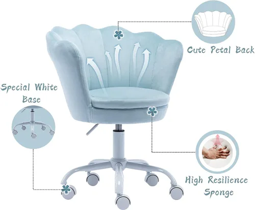 Miniatura 4 de chairus Linda silla de escritorio para niños, de terciopelo, para sala de estar, silla tapizada para adolescentes con respaldo de concha, silla Azul
