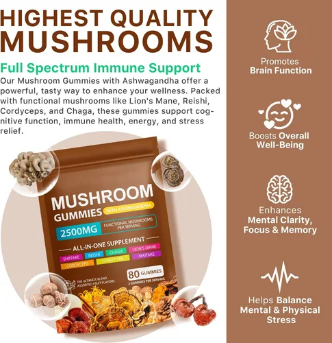 Miniatura 6 de Gomitas de hongos para adultos, suplemento de hongos 10x, energía, concentración, apoyo al estado de ánimo y cognitivo, vegano, inmunológico, apoyo