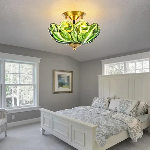Miniatura 3 de Lámpara de techo moderna semiempotrada, 3 luces doradas para cerca del techo con pantalla de vidrio verde para sala de estar, entrada, dormitorio