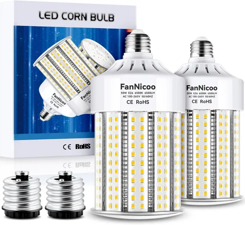 Paquete de 2 bombillas LED equivalentes a 600 W, 6500 lúmenes, súper brillantes, base E26/E39, bombillas LED de 6500 K, luz diurna blanca, 50 W,