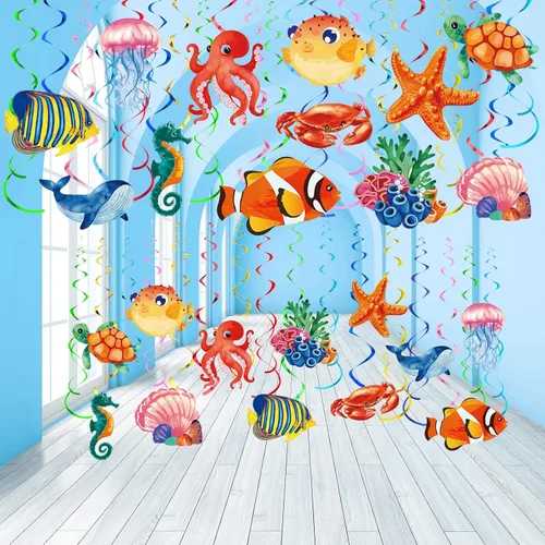 Miniatura 8 de Clabby 30 piezas de decoración de fiesta bajo el mar, remolinos colgantes de peces tropicales, decoración de techo, criaturas de sirena con temática