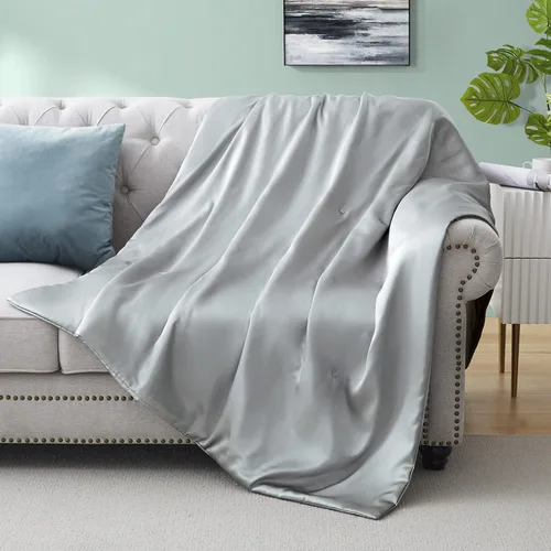 Miniatura 10 de Manta de seda – Manta de satén plegable de enfriamiento beige para sofá, cama, campamento, al aire libre, viajes, coche – Manta súper suave y ligera