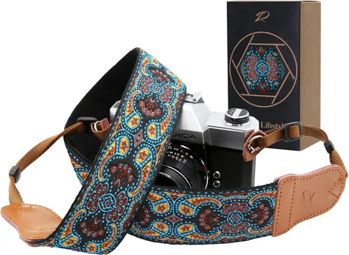 Miniatura 11 de Padwa Lifestyle Correa para cámara de flores marrones, correa de algodón de doble capa de piel de vaca de 2 pulgadas de ancho, bordado jacquard Flor