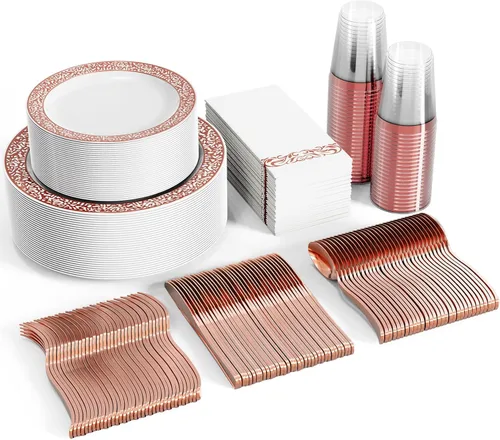 FOCUSLINE Juego de vajilla de oro rosa de 350 piezas para 50 invitados, platos de plástico de encaje de oro rosa desechables resistentes, incluye 50