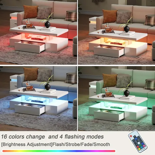 Miniatura 4 de ChooChoo Mesa de centro moderna con LED, mesa central de alto brillo con cajón, mesa auxiliar rectangular con almacenamiento para sala de estar