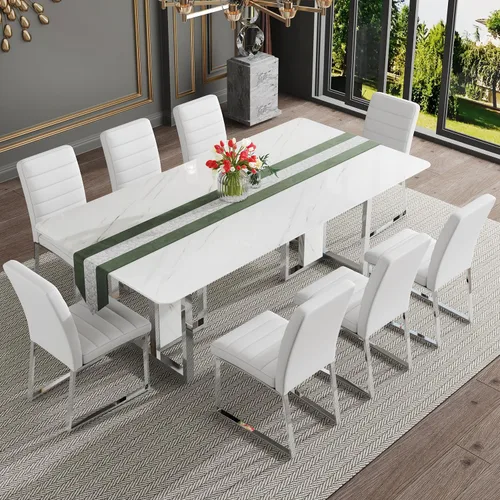 Miniatura 24 de Juego de mesa de comedor moderno de 67 pulgadas para 6, juego de mesa de cocina blanca, juego de mesa de comedor de lujo con mesa de mármol