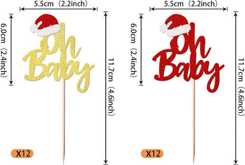 Miniatura 2 de Rsstarxi Paquete de 24 Adornos para Cupcakes Oh Baby de Navidad con Purpurina, Sombreros de Navidad, Palillos para Cupcakes de Baby Shower para Baby