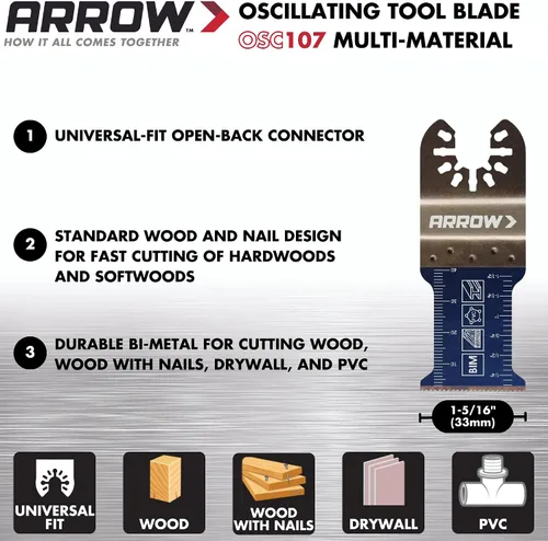 Miniatura 4 de Arrow OSC101VP-3 - Paquete variado de cuchillas oscilantes multimateriales para tuberías de cobre, madera, PVC, paneles de yeso, universal, se