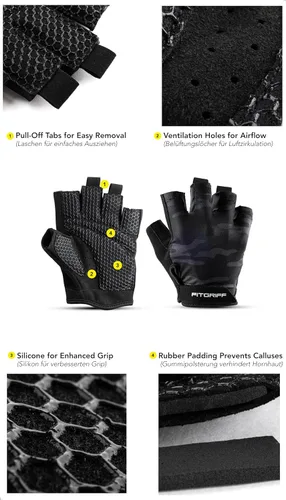 Miniatura 3 de Fitgriff® Guantes de entrenamiento (acolchados) para hombres y mujeres, guantes de gimnasio sin dedos para levantamiento de pesas, entrenamiento