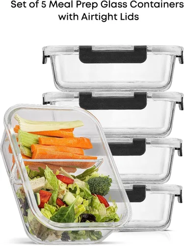 Miniatura 3 de JoyJolt Contenedores divididos para almacenamiento de alimentos con tapas herméticas. Paquete de 5 recipientes de vidrio para preparación