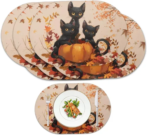 Miniatura 17 de Non Slip Placemats Set of 6 Pumpkin Mushroom Theme Waterproof Wipeable Faux Leather for Thanksgiving Family Feast Heat Resistant Dining Table Mats