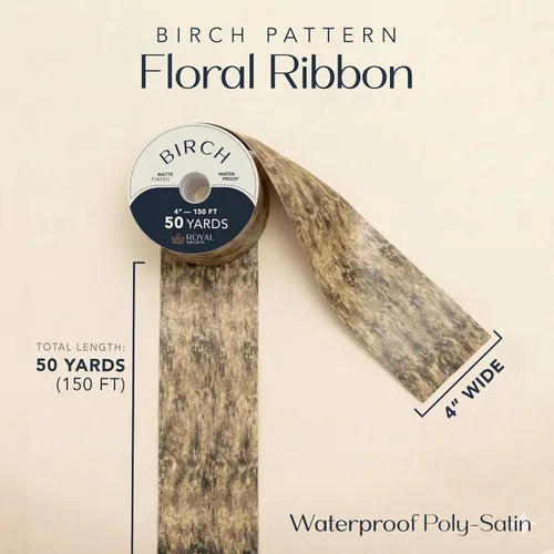 Miniatura 2 de Royal Imports Cinta floral con patrón de abedul, cinta ancha de satén poli sintético impermeable de 4 pulgadas (#100) para interiores y exteriores