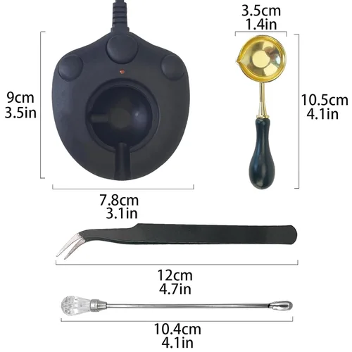 Miniatura 2 de Kit de calentador de sellos de cera eléctrico negro con cuchara, pinzas y palito de agitador, para sello de cera, sobre letras y manualidades