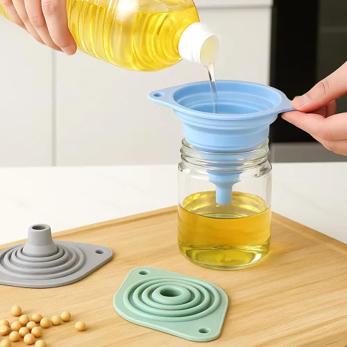 Miniatura 7 de Juego de embudos de cocina, 2025 nuevos embudos pequeños plegables de silicona de grado alimenticio para uso en cocina, embudos de cocina para 6