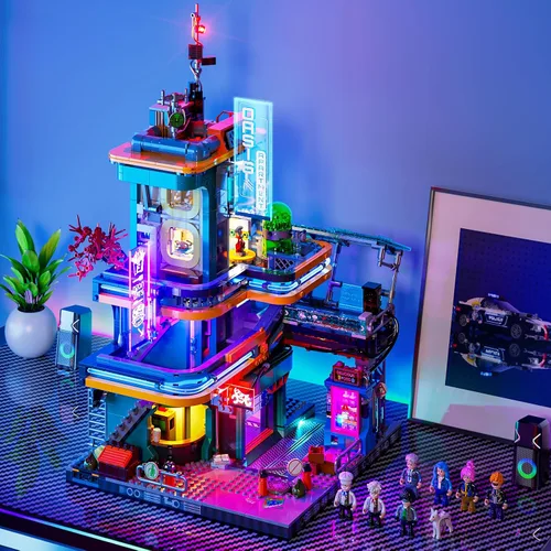 Miniatura 8 de FUNWHOLE Cyberpunk Mansion Lighting - Juego de ladrillos de construcción – 2524 piezas de edificios modulares de ciudad futura idea de exhibición