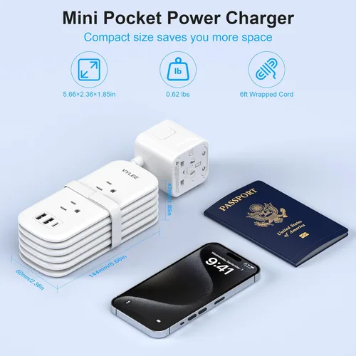 Miniatura 9 de VYLEE Adaptador de viaje universal con cable de extensión de 6 pies, adaptador de corriente internacional para Europa, Reino Unido, EE. UU.