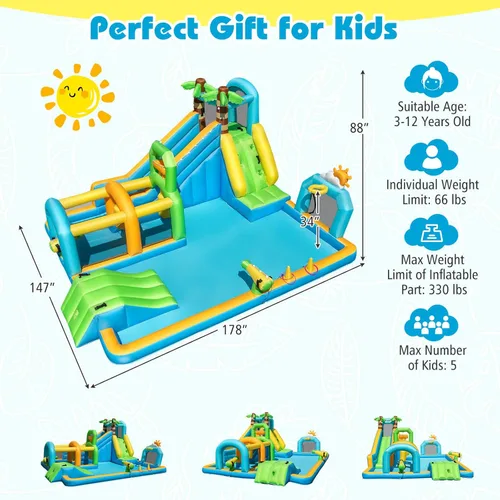 Miniatura 8 de BOUNTECH Parque inflable de tobogán acuático, castillo hinchable de tobogán acuático 9 en 1 con piscina grande, carrera de obstáculos, tobogán