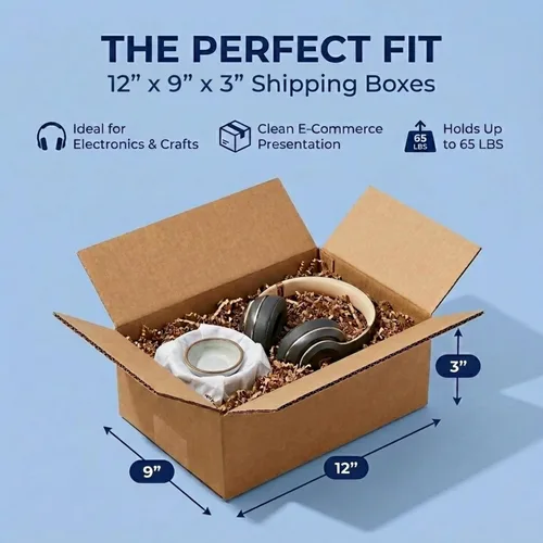 Miniatura 2 de BOX USA 1293 Caja plana de cartón corrugado 12 pulgadas de largo x 9 pulgadas de ancho x 3 pulgadas de alto, kraft, para envío, embalaje y mudanza