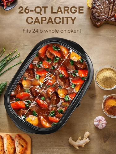 Miniatura 5 de FOHERE Horno asador eléctrico de 26 cuartos de galón con tapa visible y autofundante, tostador grande de pavo con función de descongelación y calor