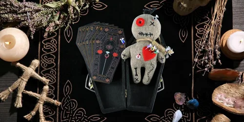 Miniatura 7 de Ayidawedo® Kit auténtico de muñeca vudú LOA incluye cartas de hechizos y alfileres para aliviar el estrés en caja de ataúd de madera - Juego