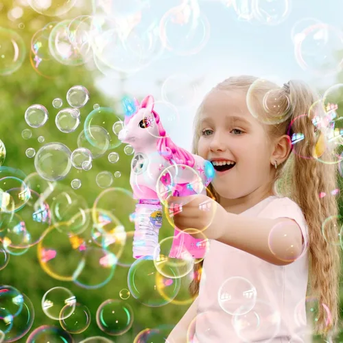 Miniatura 2 de Pistola de burbujas de unicornio rosa para niños, juguete soplador automático de burbujas Lindo lanzador de burbujas para niños pequeños, niños