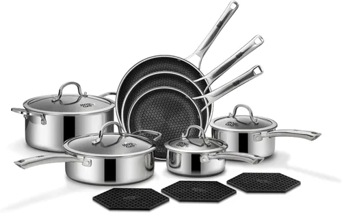 SNOWCLAD Juego de ollas y sartenes antiadherentes, 14 piezas de utensilios de cocina híbridos de acero inoxidable, sartenes antiadherentes,