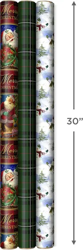 Miniatura 6 de Hallmark Papel de regalo de Navidad reversible (3 rollos: 120 pies cuadrados ttl) Papá Noel vintage, muñecos de nieve, cuadros tradicionales verdes
