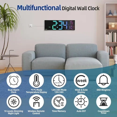Miniatura 2 de LEIKE Reloj de pared digital grande de 16.2 pulgadas con control remoto, LED grande, alarma dual, 8 colores RGB, brillo automático, fecha, DST