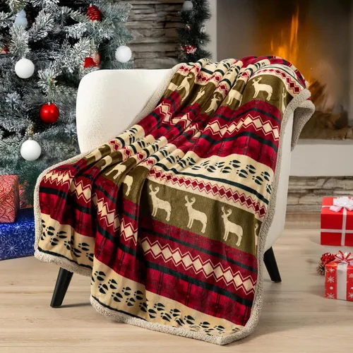 Miniatura 8 de PAVILIA - Manta de Navidad Premium de sherpa, diseño de cabaña verde y roja con estampado de reno, ultra suave, reversible, de forro polar y sherpa