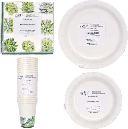 Miniatura 8 de Gift Boutique Juego de 96 piezas de suministros para fiestas suculentas: platos de papel, tazas y servilletas para tema de cactus y vegetación