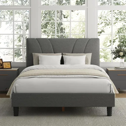 Avenco - Base de cama tamaño Queen, plataforma tapizada con cabecero ajustable, soporte de listones de madera, fácil montaje, no necesita somier,