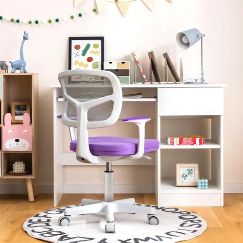 Miniatura 8 de Silla de escritorio para niños, silla ergonómica giratoria para estudio con soporte lumbar, malla transpirable y ruedas universales, silla de Violeta