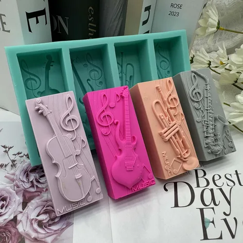 Miniatura 6 de Molde de jabón de silicona musical de 4 cavidades, cera perfumada, resina de yeso, manualidades, molde de silicona, guitarra, bajo, trompeta